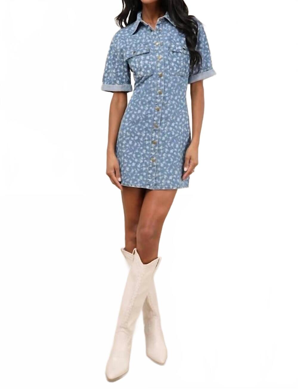 NEW LULUS renske denim mini dress in light wash floral print